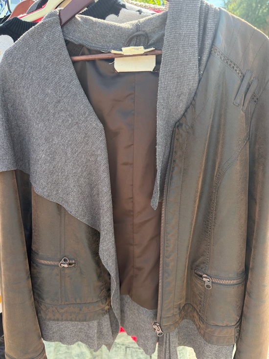 Anthropologie Jackets & Blazers - Women's Brown Distressed Leather Jacket with Gray Knit Hooded Trim